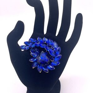 vintage cobalt blue rhinestone brooch, statement crystal floral pin